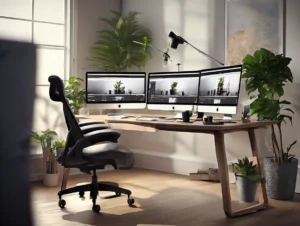 A sleek productivity desk setup with dual monitors, smart lighting, and an ergonomic chair for focus and efficiency.