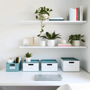 "A well-organized productivity desk with stationery organizers, a pegboard, and minimal clutter."