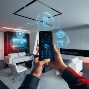 "A family using a smartphone and voice assistant to control smart home devices.
