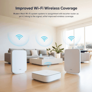 "A mesh Wi-Fi router set up in a living room for better smart home connectivity."