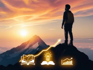 A person standing on a mountain peak at sunrise, symbolizing personal growth and success