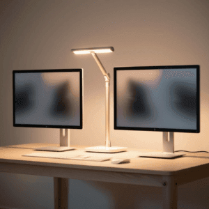 "A dual-monitor workstation set up for multitasking, reducing eye strain and improving workflow."