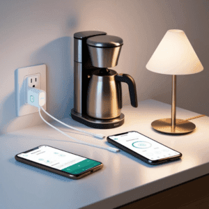 "A smart plug controlling a coffee maker with a smartphone app."