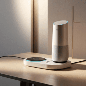 "A smart home office setup with a voice assistant and wireless charging station for hands-free productivity."
