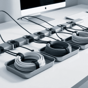 "A minimalist desk setup with cables neatly routed using clips and sleeves for a tidy workspace."