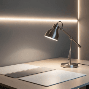 "A productivity desk illuminated by adjustable smart LED lighting for better focus and eye comfort."
