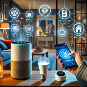 "A DIY smart home automation setup with voice assistants, automated lights, and smart security devices."