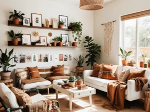 Beautiful living room featuring DIY home decor ideas, including a gallery wall, floating shelves, macrame, upcycled furniture, and personalized throw pillows.