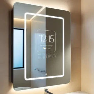 Wall-mounted DIY Smart Mirror showing time, weather, and smart home notifications