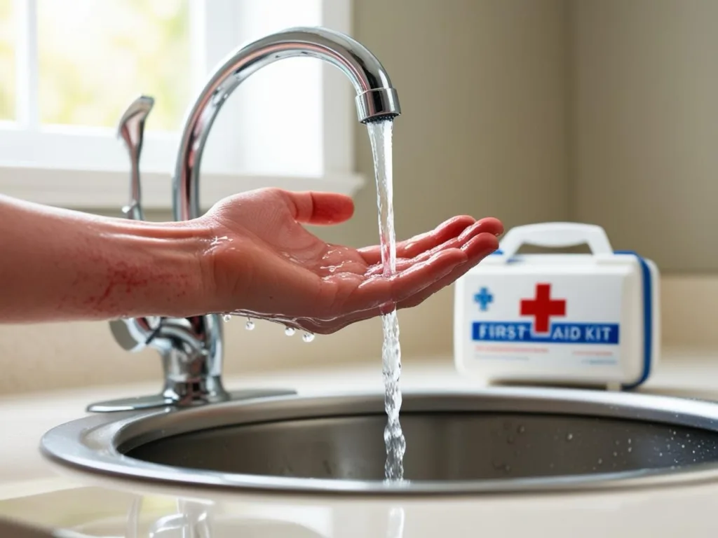 A person treating a minor burn by running their hand under cool water.