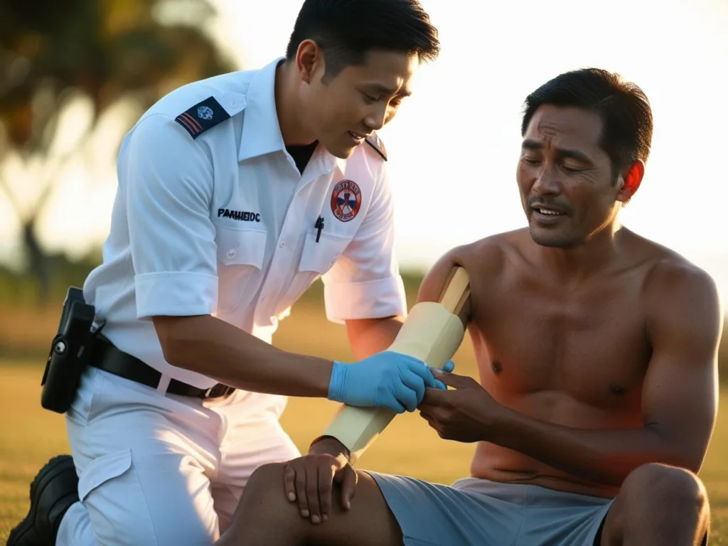 A paramedic securing a splint on a person’s fractured arm during first aid treatment.