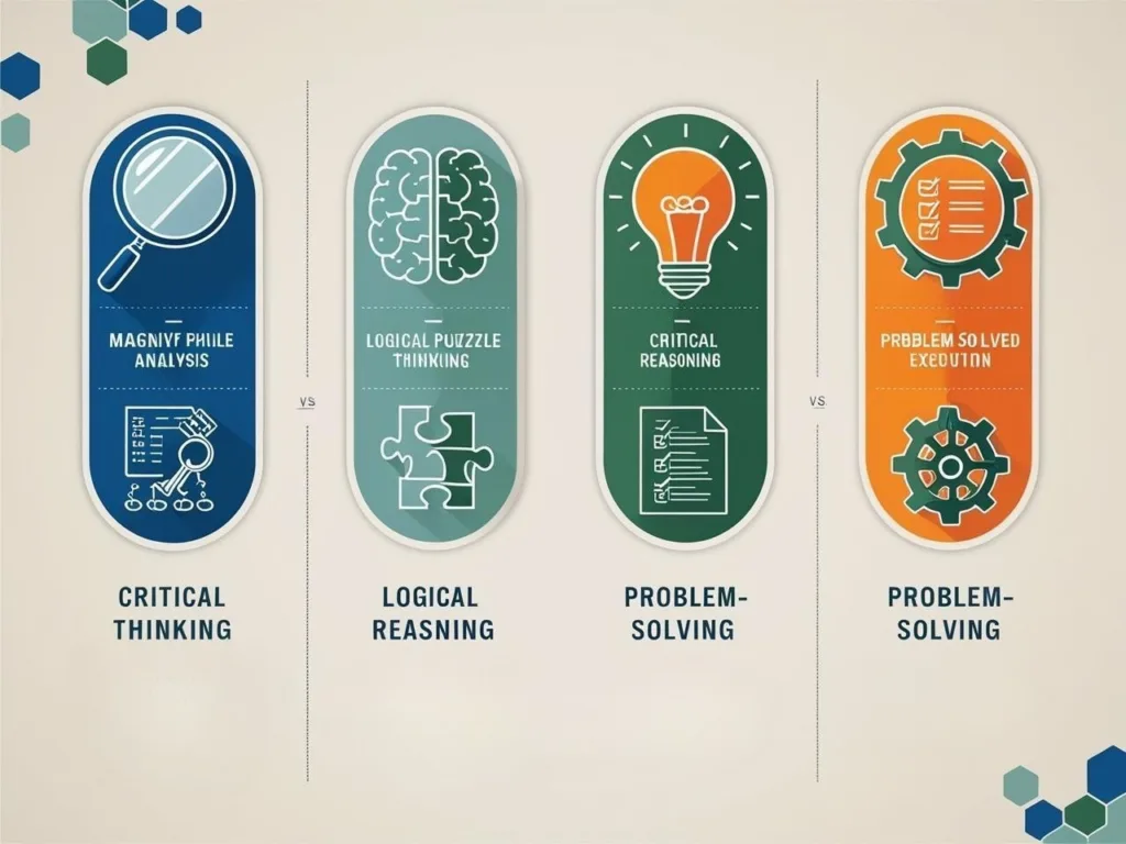 A comparison chart contrasting critical thinking and problem-solving, with key characteristics listed under each category.