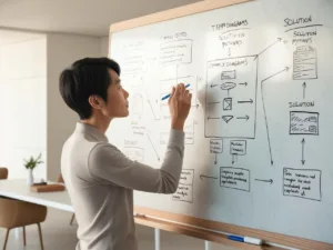 A person standing in front of a whiteboard, analyzing different solutions to a problem.